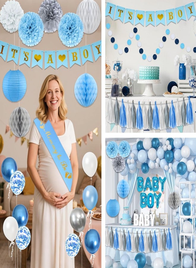 Bolake Blue Baby Shower Decorations for Boy Set with Its a Boy Banner Baby Boy Letter Foil Balloons Mom to Be Sash Dad to Be Pin Paper Pom Poms for Gender Reveal Decorations - Image 4
